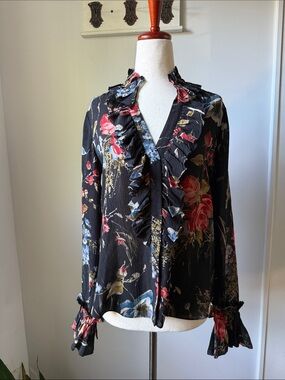 GO BY GO SILK Black Floral Ruffle V-Neck Blouse Women’s 100% Silk Button Up
